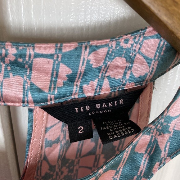 Ted baker Size 2 A-Line Silk Satin Dress Floral Pink Tank Sleeveless Midi Halter - Picture 6 of 7